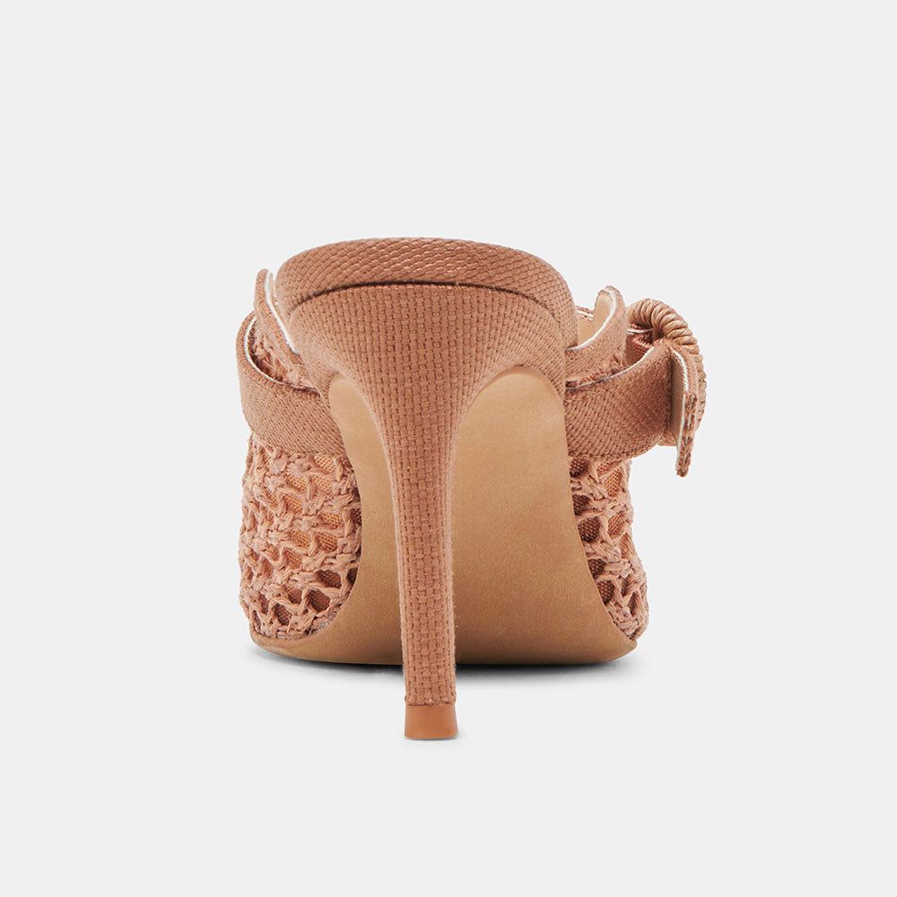 Brown Woven Raffia Pointed Toe Cut-Out Buckle Strap Mule Heels