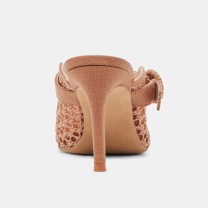 Brown Woven Raffia Pointed Toe Cut-Out Buckle Strap Mule Heels