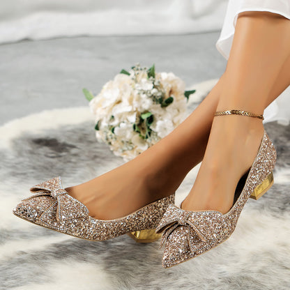 Women's Pointed Toe Glitter Bow Embellished Block Heel Pumps