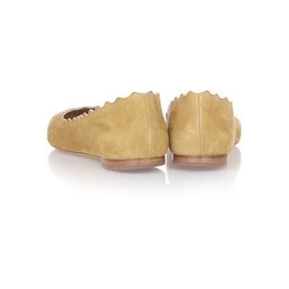 Mustard Vegan Suede Round Toe Stacked Heel Scalloped Ballet Flats