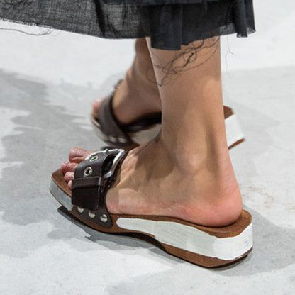 Black & White Platform Mules Square Toe Vintage Buckle Heeled Clogs