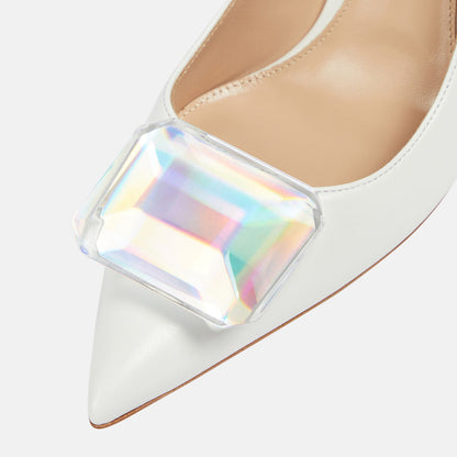 Women's White Pointy Toe Stiletto Heel Pumps with Faux Gem Decor