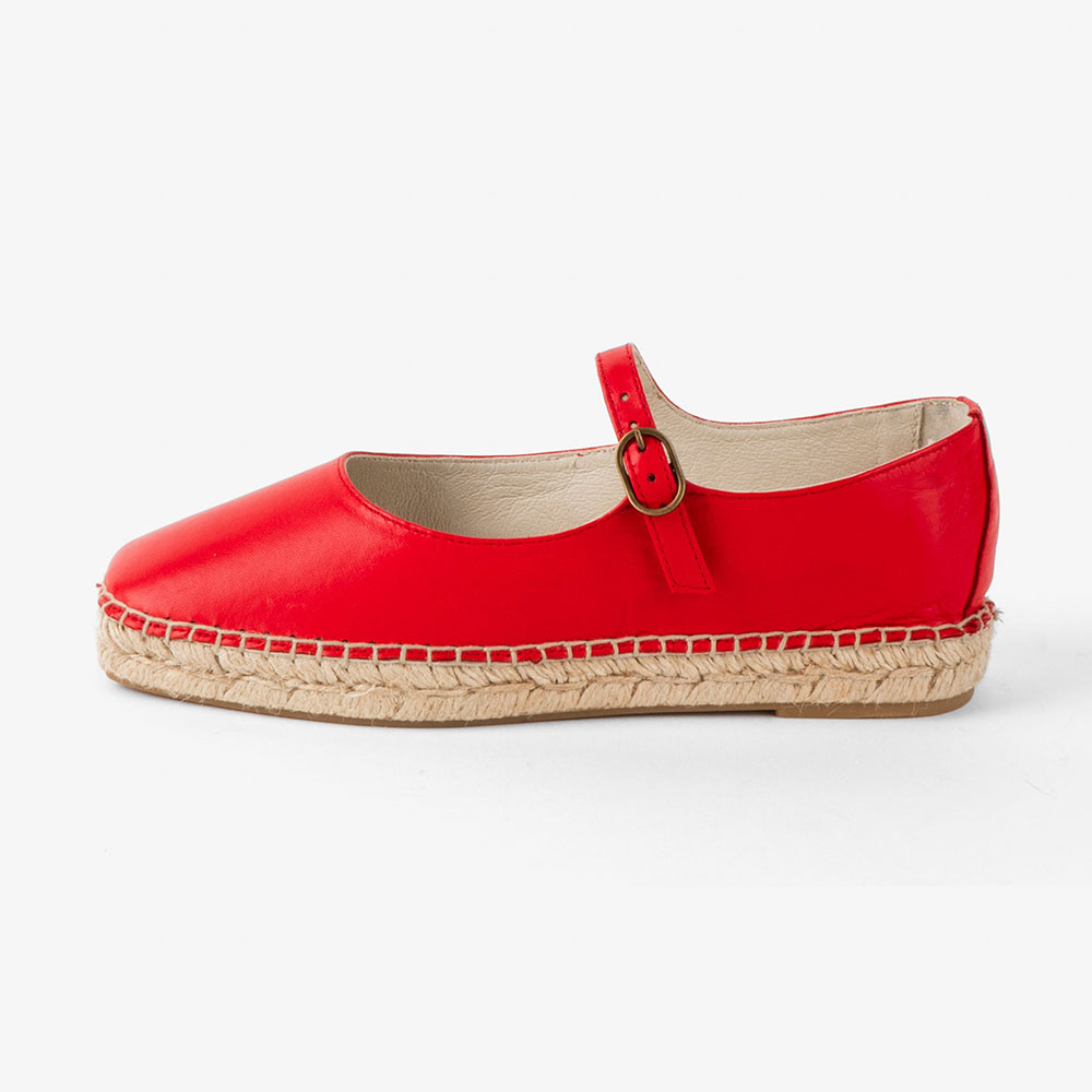 Simple Red Square Toe Buckle Strap Espadrille Mary Jane Flats
