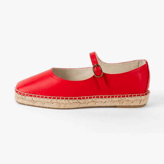 Simple Red Square Toe Buckle Strap Espadrille Mary Jane Flats