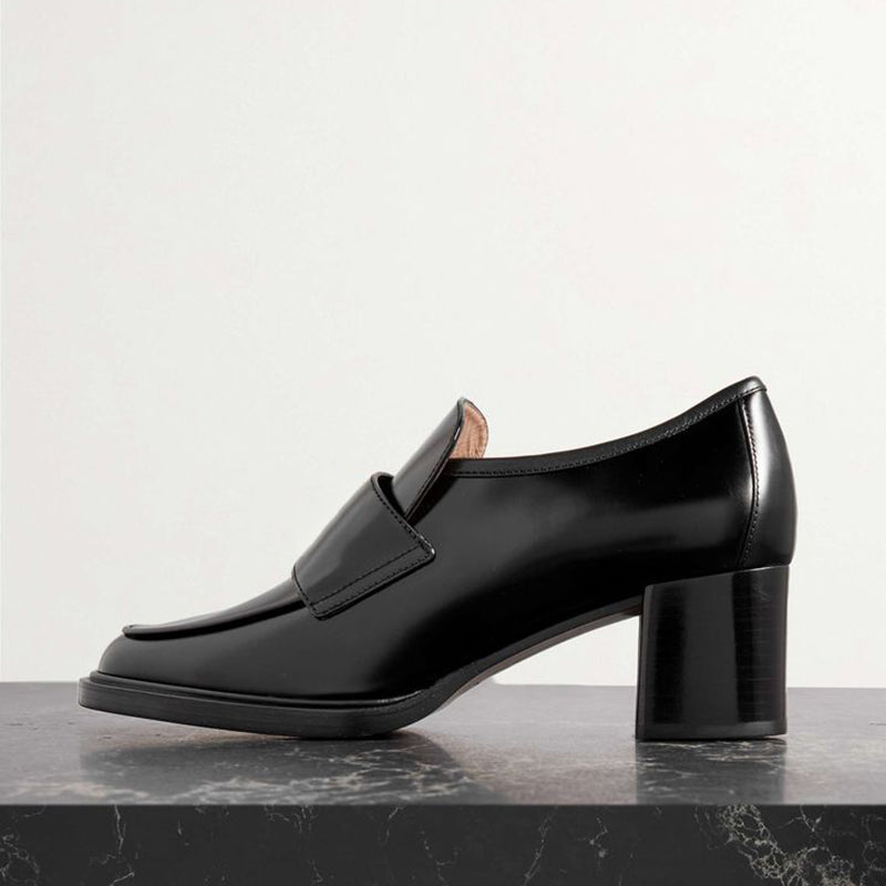 Black Heeled Loafers Slip-on Business Casual Shoes for Women