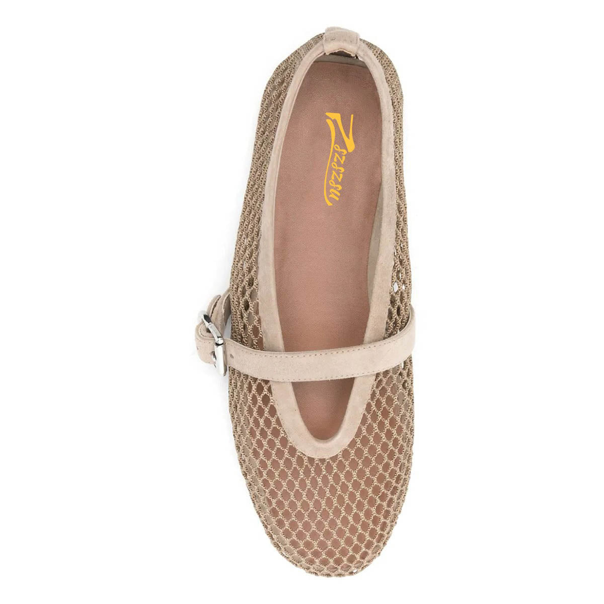 Women's Beige Round Toe Buckle Strap Classic Mesh Flats