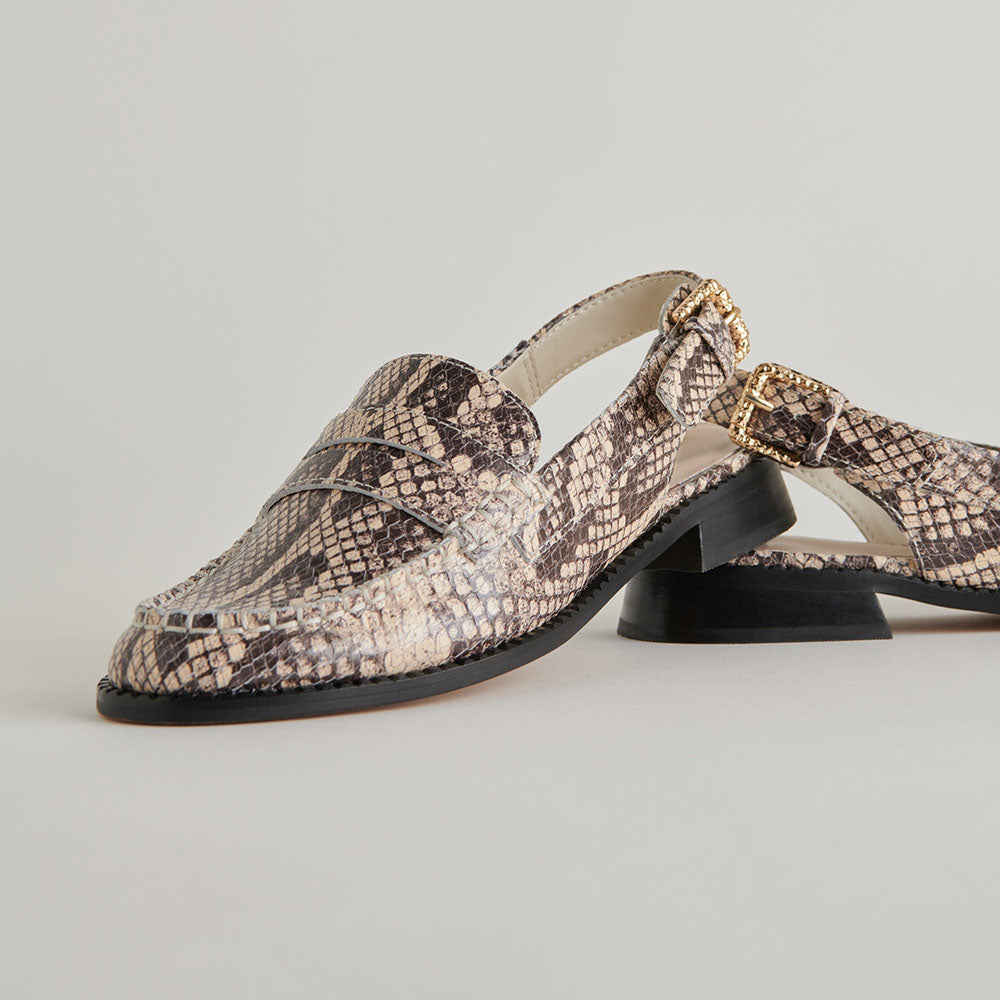 Black & White Snakeskin Chunky Heel Embossed Slingback Loafers