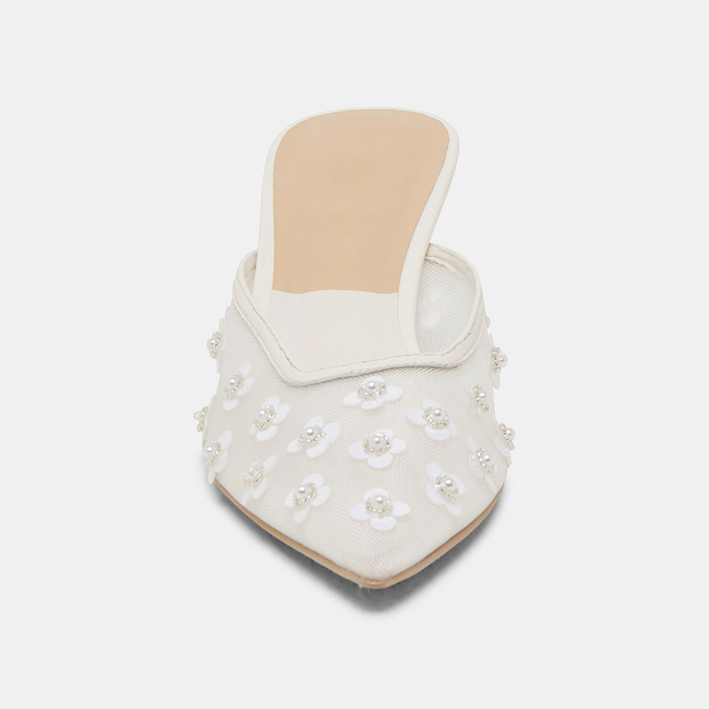 White Mesh Closed Toe Sequined Flower Spool Heel Mule Shoes for Women