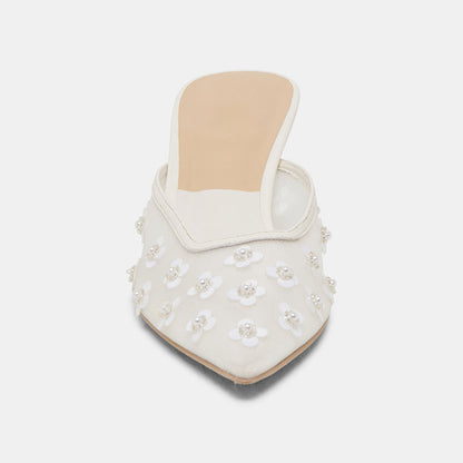 White Mesh Closed Toe Sequined Flower Spool Heel Mule Shoes for Women