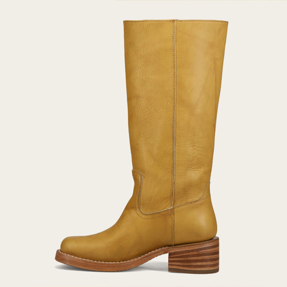 Yellow Pull-On Square Toe Block Heel Mid Calf Boots for Women
