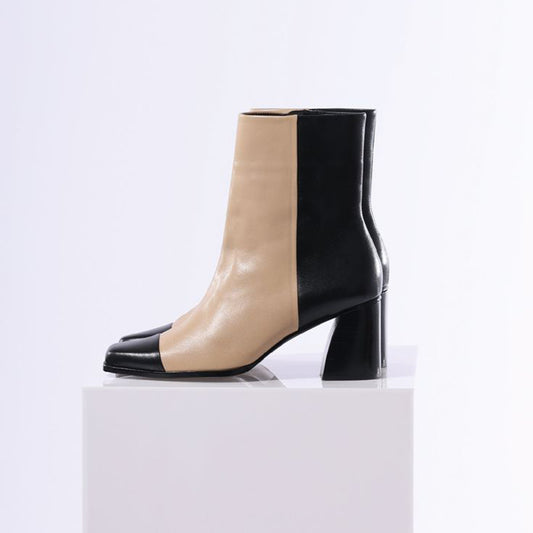 Beige & Black Closed Toe 3'' Chunky Heel Ankle Boots