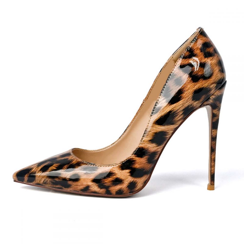 Women's Leopard Print Stiletto Heels Patent Leather Pointed Toe Pumps