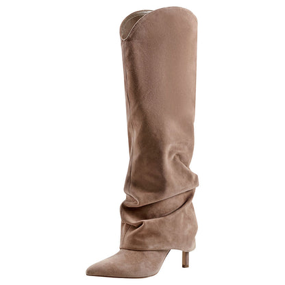 Taupe Pointed Toe Stiletto Heel Slouch Fold-Over Knee High Boots