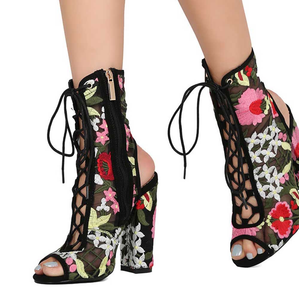 Black Sheer Mesh Peep Toe Lace Up Embroidered Block Heel Ankle Boots