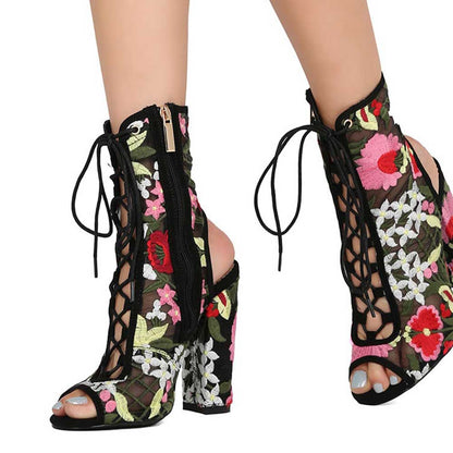 Black Sheer Mesh Peep Toe Lace Up Embroidered Block Heel Ankle Boots