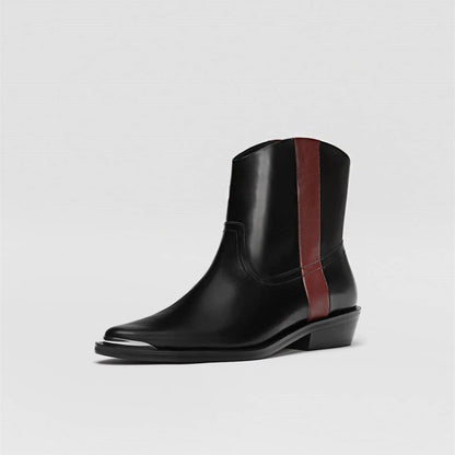 Black Flat Ankle Boots with Burgundy Stripe