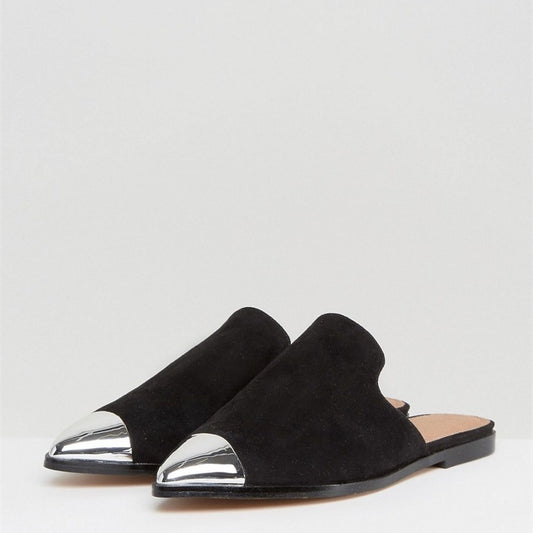 Black Vegan Suede Flat Mules Metallic Pointed Toe Loafers for Women
