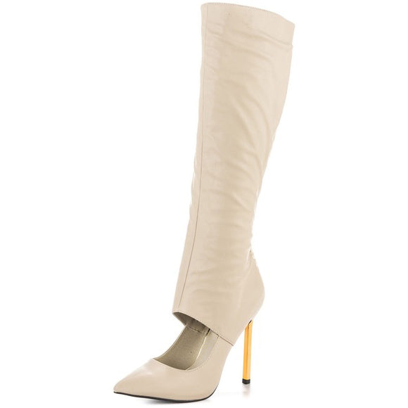 Women's Fashion Cut Out Pointed Toe Chains Knee High Boots in Beige