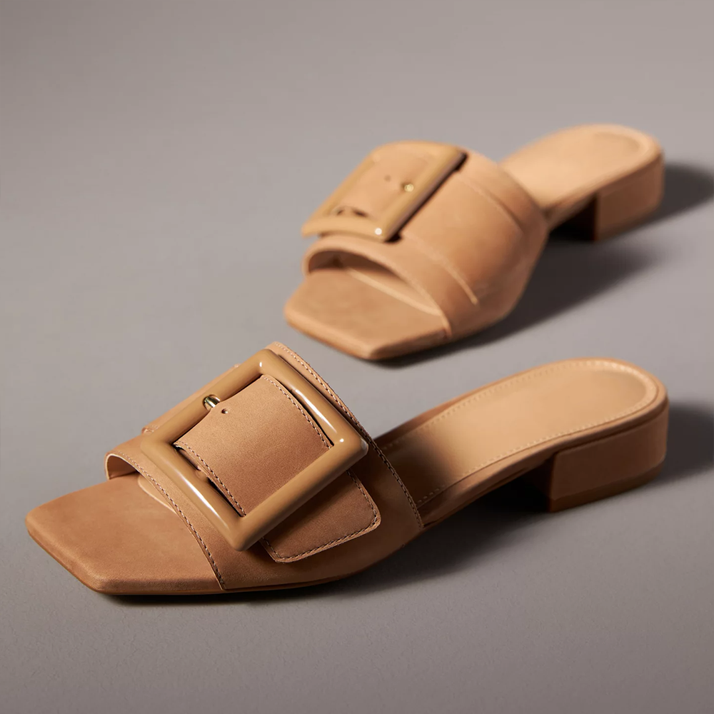 Beige Square Toe Chunky Heel Buckled Wide Band Mules