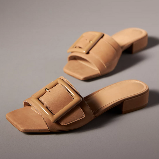 Beige Square Toe Chunky Heel Buckled Wide Band Mules