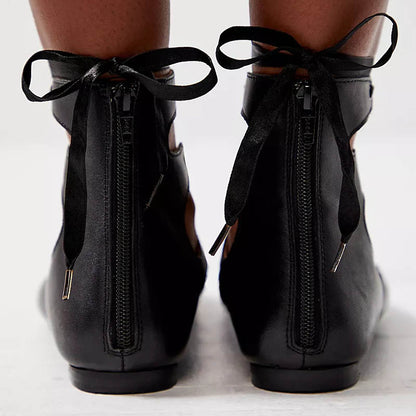 Black Square Toe Lace Up Shoes Zipper Flats for Women