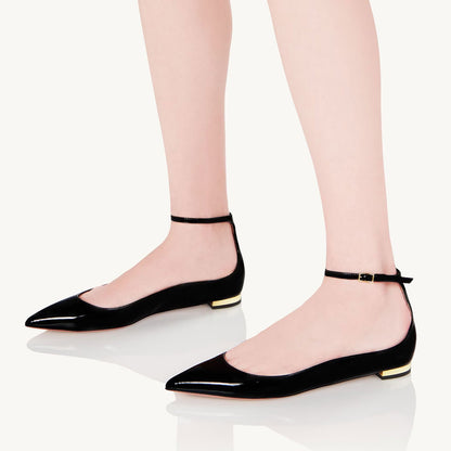 Classy Black Patent Leather Buckle Ankle Strap Pointed Toe Flats