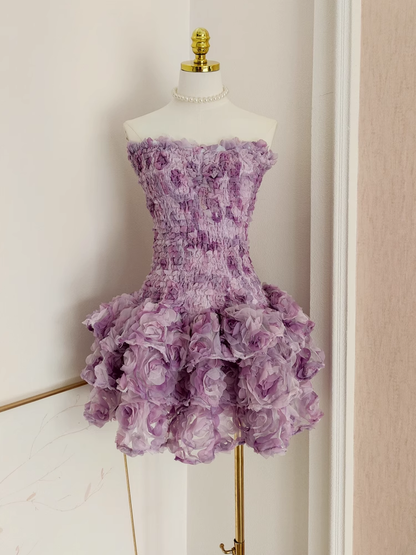 Vintage Purple 3D Flowers Strapless A-line Tulle Short Party Dress Homecoming Dresses TP3926
