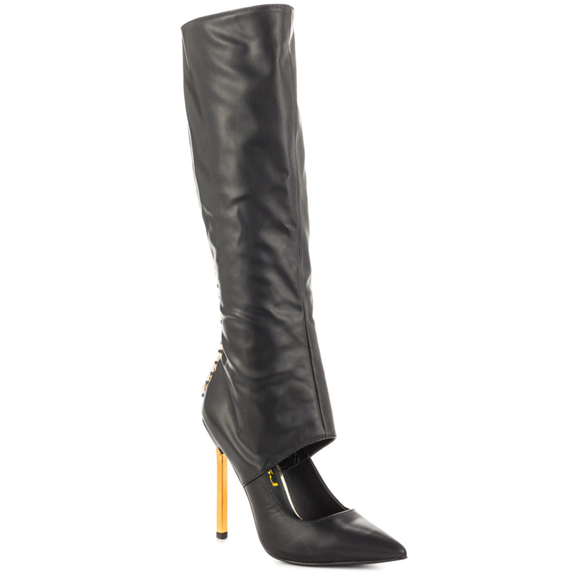 Black Sexy Cut Out Stiletto Heel Knee High Boots with Metal Chains
