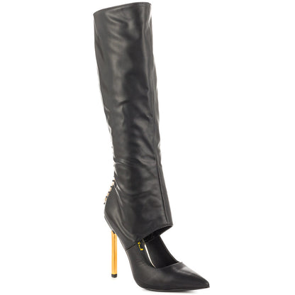 Black Sexy Cut Out Stiletto Heel Knee High Boots with Metal Chains