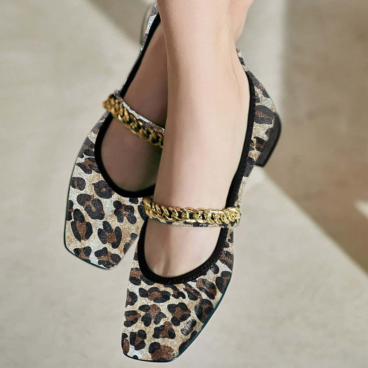 Trendy Square Toe Chain Strap Vegan Leather Leopard Flats