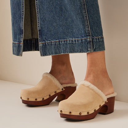 Beige Platform Mules Vintage Vegan Suede Block Heel Winter Clogs