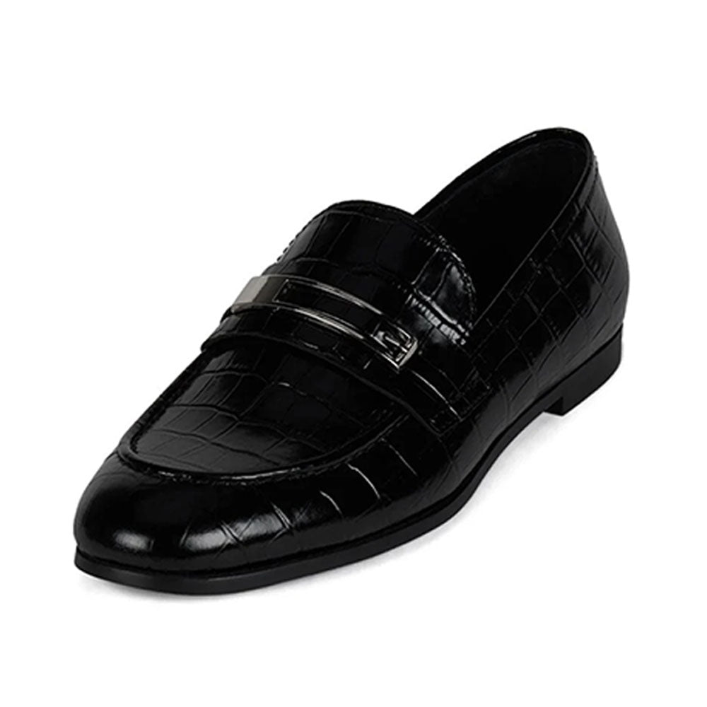 Black Croc Embossed Round Toe Vegan Leather Flat Women's Loafers