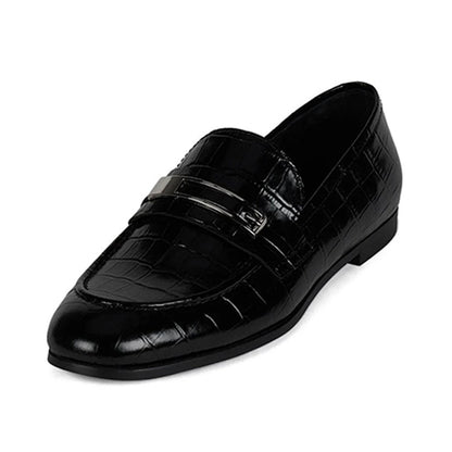 Black Croc Embossed Round Toe Vegan Leather Flat Women's Loafers
