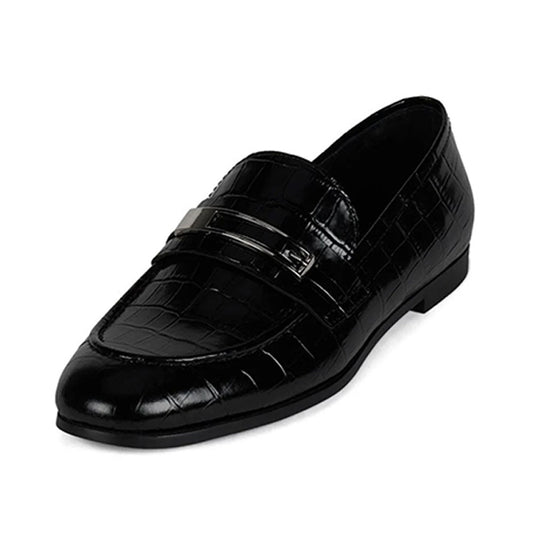 Black Croc Embossed Round Toe Vegan Leather Flat Women's Loafers