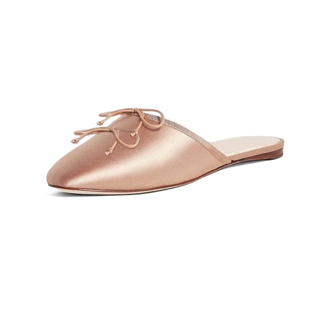 Champagne Round Toe Satin Mules With Bow Lace Up Decor Flats