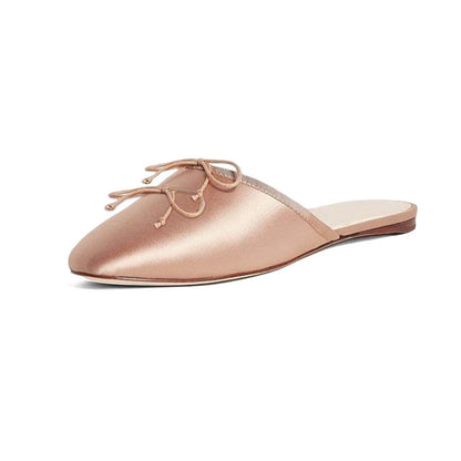Champagne Round Toe Satin Mules With Bow Lace Up Decor Flats