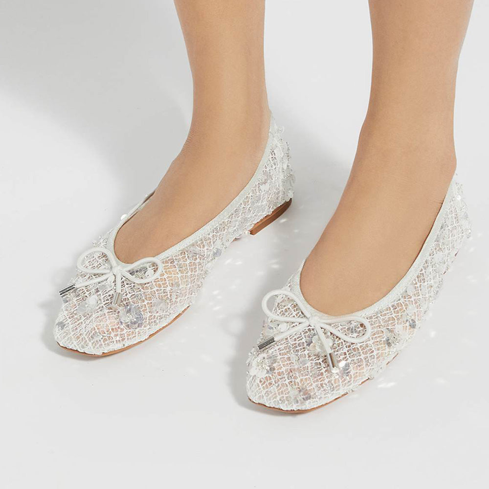 Chic White Mesh Sequin Flower Square Toe Bow Decor Ballet Flats
