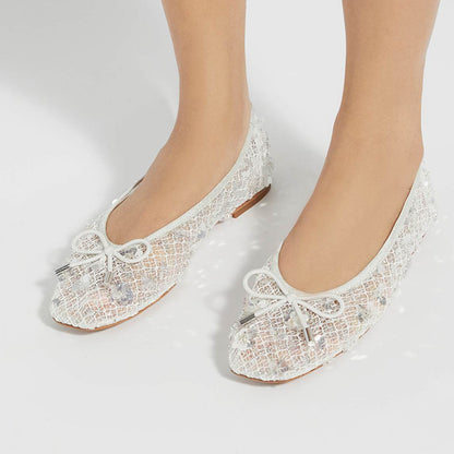 Chic White Mesh Sequin Flower Square Toe Bow Decor Ballet Flats