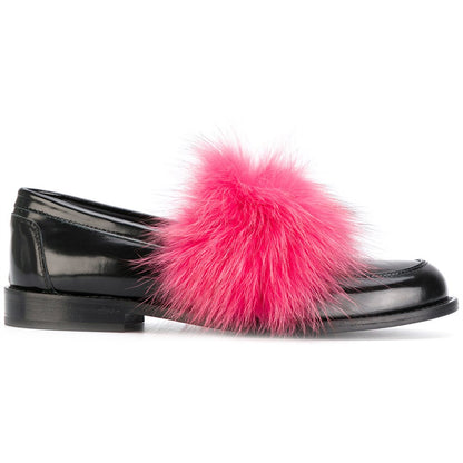 Black Round Toe Pink Faux Fur Trim Flats Women's Loafers