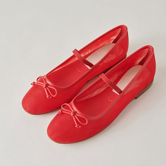 Red Mesh Round Toe Strappy Comfortable Ballet Flats with Bow
