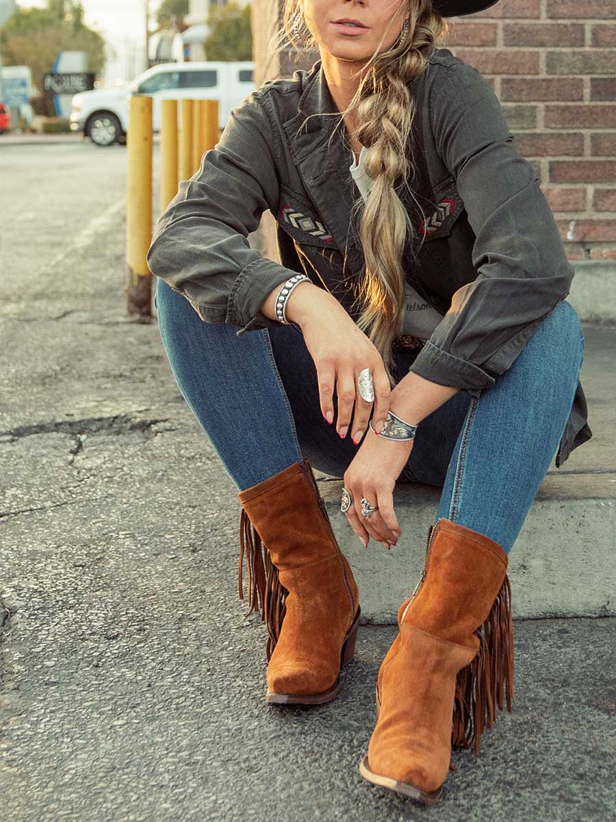 Brown Faux Suede Snip Toe Angle Fringe Zipper Cowgirl Ankle Boots With Chunky Heels