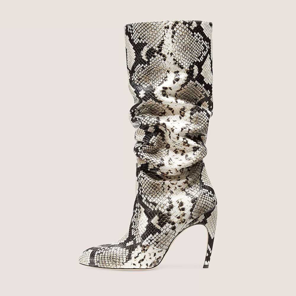 Gray Snakeskin Pointed Toe 4'' Stiletto Heel Wide Calf Knee High Boots