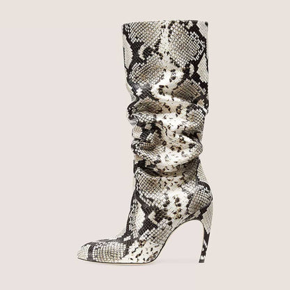Gray Snakeskin Pointed Toe 4'' Stiletto Heel Wide Calf Knee High Boots