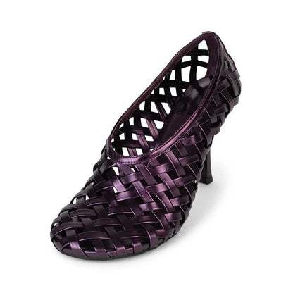 Stylish Metallic Round Toe Spool Heel Woven Pumps Shoes in Purple