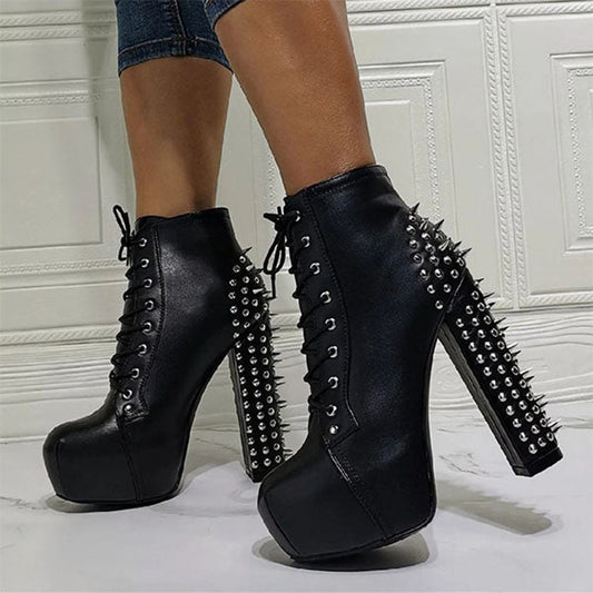 Black Round Toe Platform Shoes Chunky Heel Rivets Ankle Boots