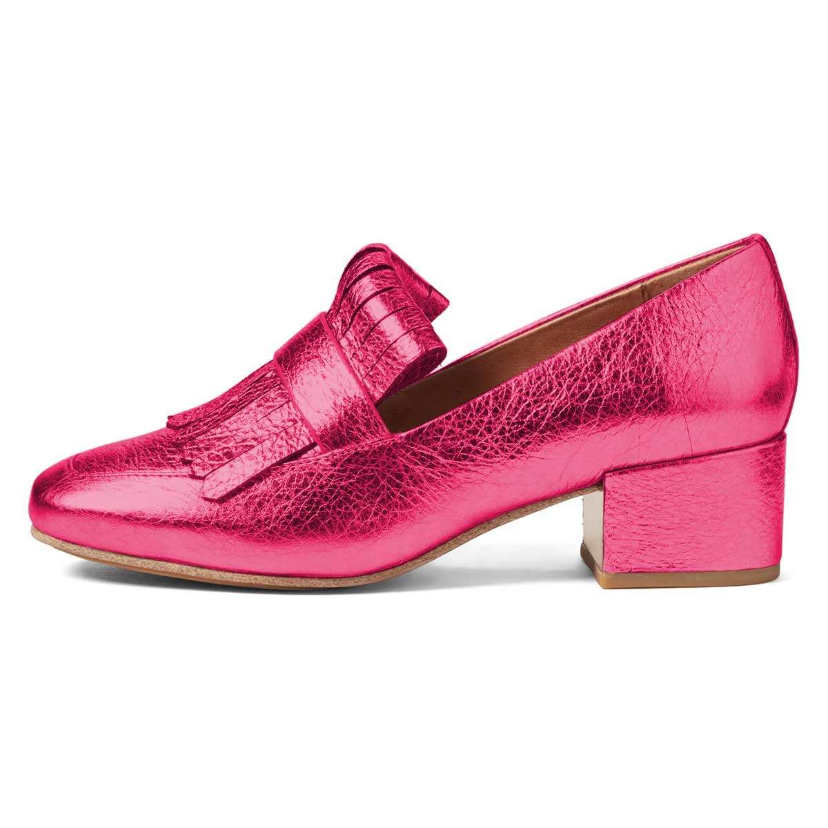 Hot Pink Square Toe Block Heel Slip-On Fringe Women's Loafers