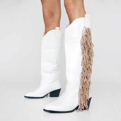 Women's White Pointed Toe Knee High Cowgirl Boots with Khaki Fringe