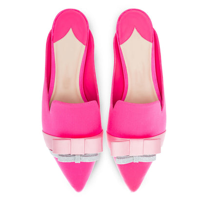 Hot Pink Satin Pointed Toe Glitter Bow Flat Mule Loafers for Women