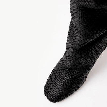 Black Woven Round Toe Chunky Heel Slouchy Knee High Boots