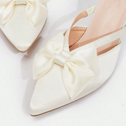 White Satin Closed Pointed Toe Bow Mules With Kitten Heels